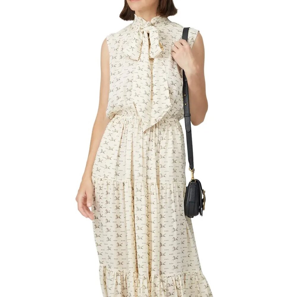 Polo Ralph Lauren Cream Horse Print Silk Tie-Neck Maxi small  dress SP S